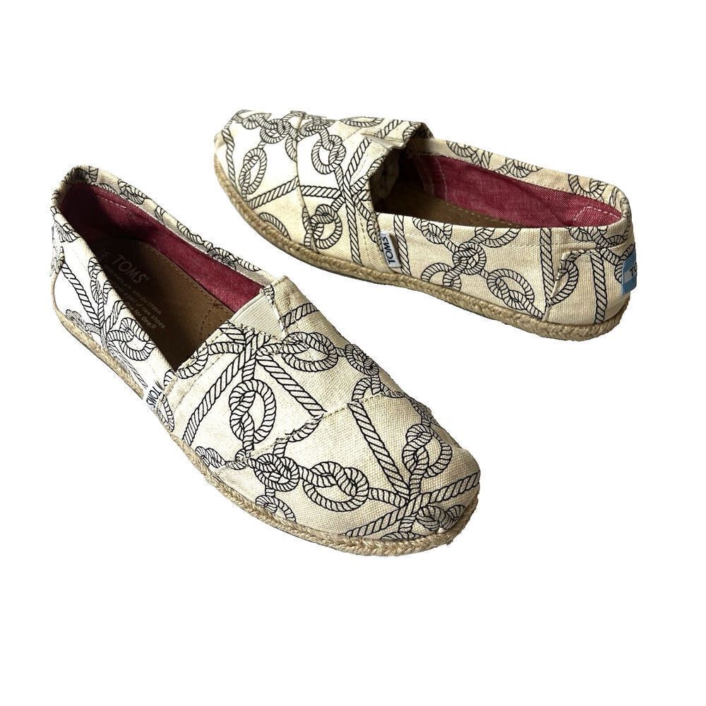 TOMS Rope Print Loafers Womens 8.5 Cream Black Slip On Shoe Flats Comfort Casual